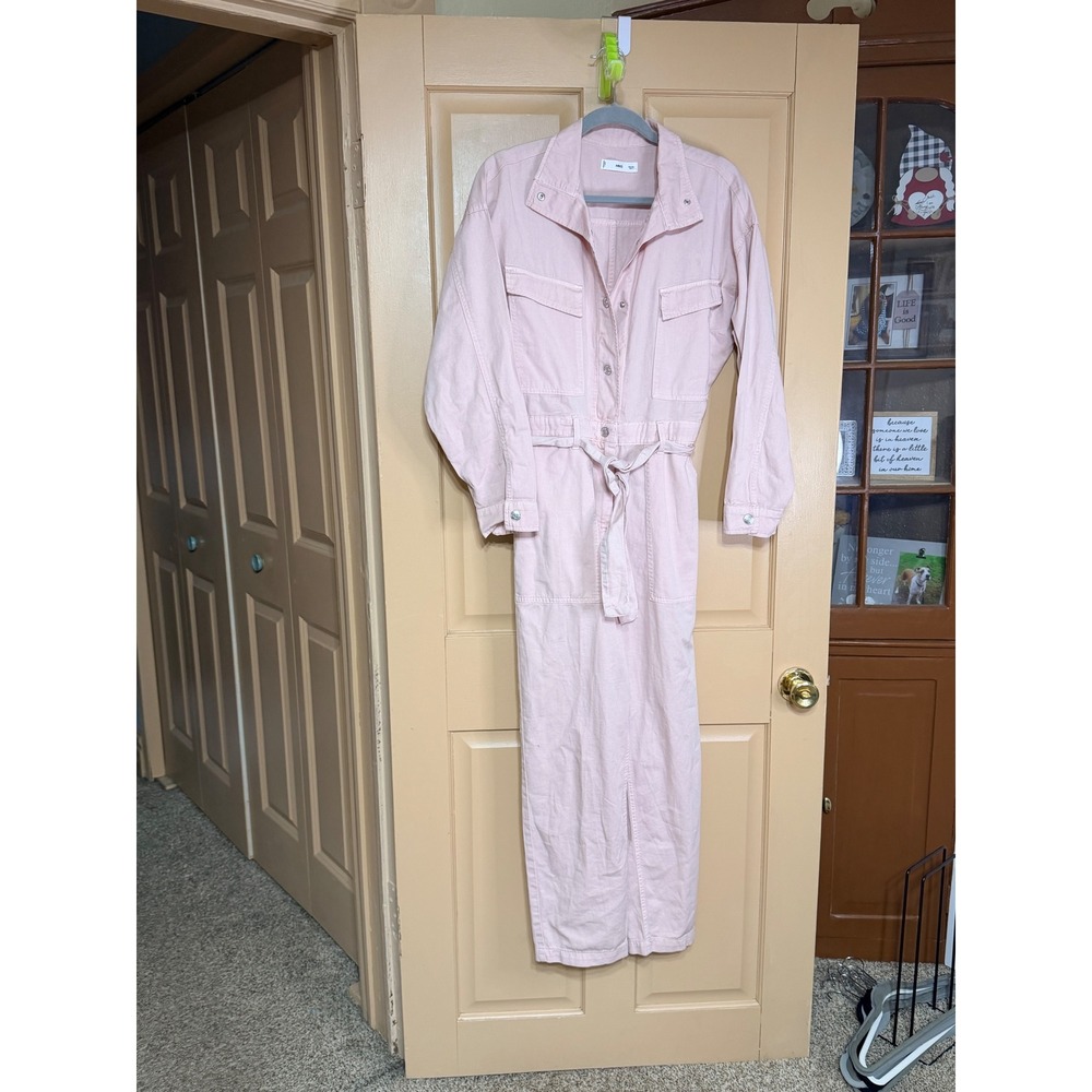 Mango MNG Pink Denim Jumpsuit Long Sleeve Boiler Suit Tie Waist Utility Womens L